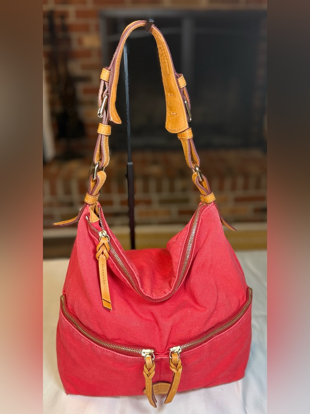 Dooney & Bourke Red Canvas Shoulder Hobo with Tan Leather Trim